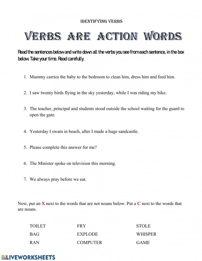 Identifying Verbs Worksheets 99Worksheets