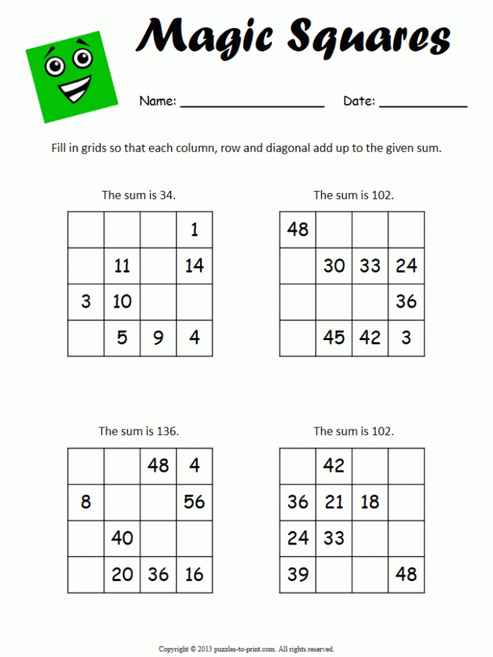 Intermediate Magic Square Worksheet