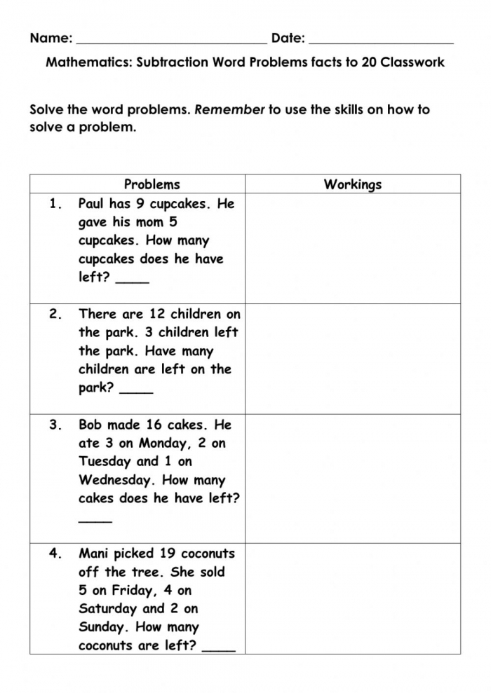 Mathematics Word Problems Subtraction Facts To  Classwork Worksheet