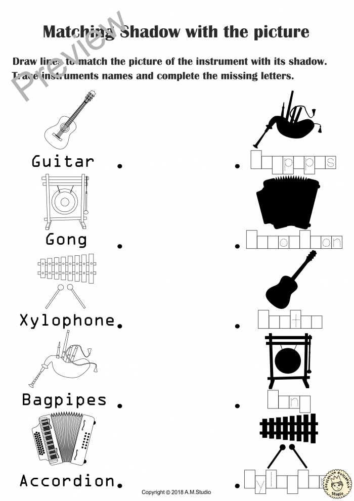 Music Instruments Shadow Matching Activities
