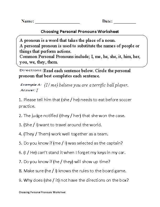 Regular Pronouns Worksheets