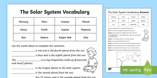 Solar System Vocabulary Worksheet