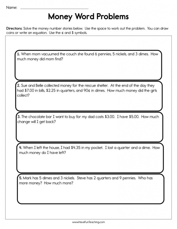 Solving Money Word Problems Worksheet  Have Fun Teaching