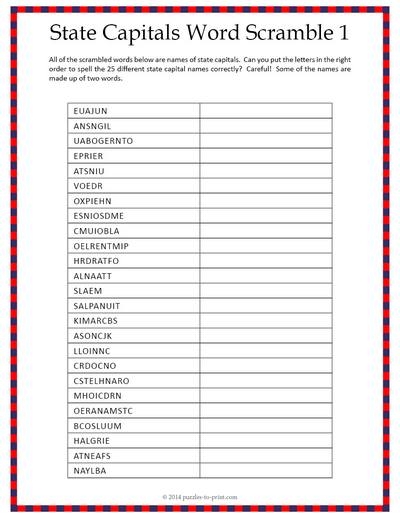 State Capitals Word Scramble