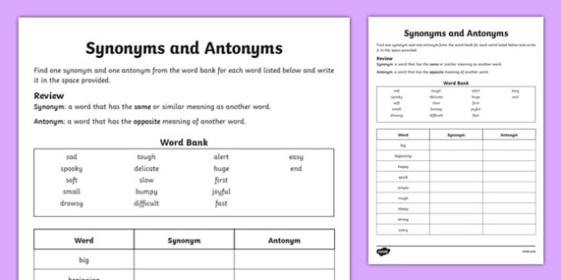 Synonym And Antonym Word Match Worksheet  Worksheet