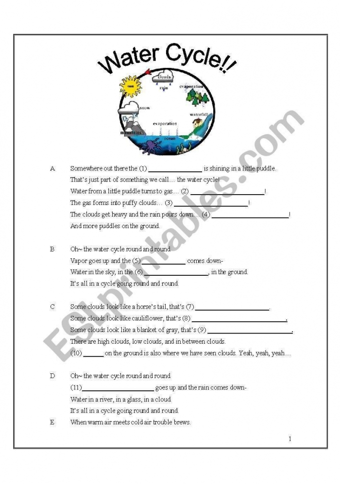 Th Grade Water Cycle Worksheet Water Cycle Song With Fill In The
