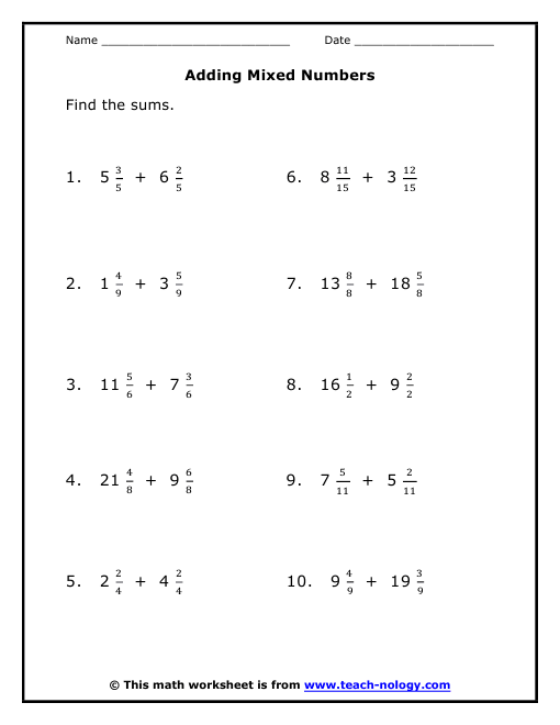 Adding Mixed Numbers With Like Denominators Worksheets Adding