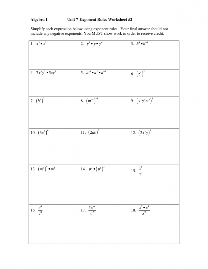 Algebra  Unit  Exponent Rules Worksheet  Simplify Each