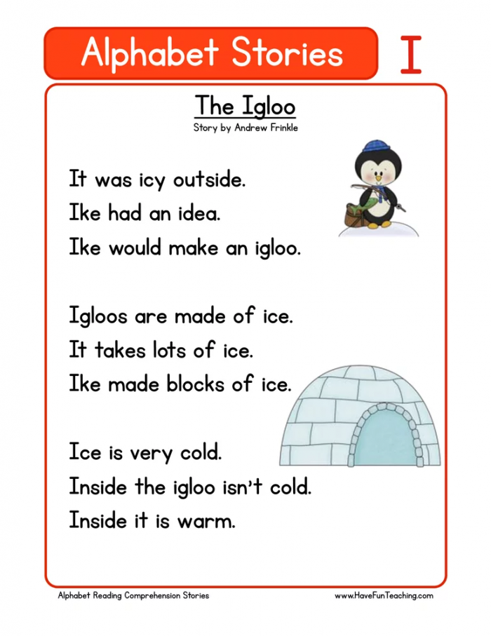 Alphabet Stories Letter I Reading Comprehension Worksheet