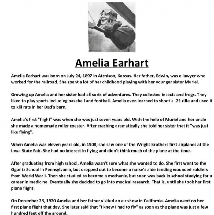 Amelia Earhart Biography And Assignment Worksheet
