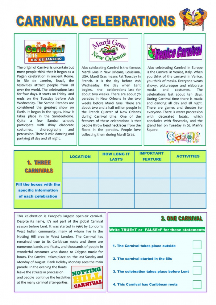 Carnival Celebrations Intermediate Level Worksheet