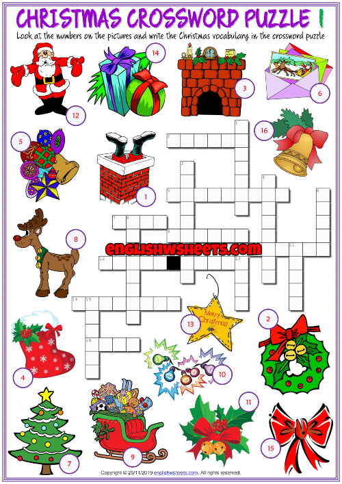 Christmas Esl Printable Crossword Puzzle Worksheets
