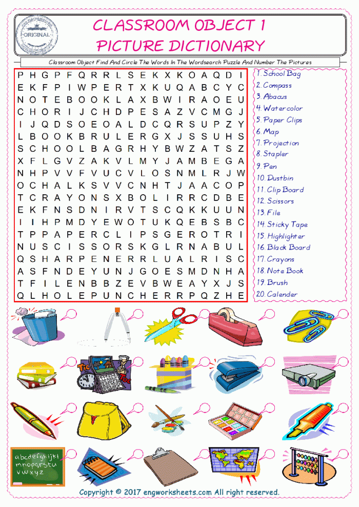 Classroom Object English Worksheet For Kids Esl Printable Picture