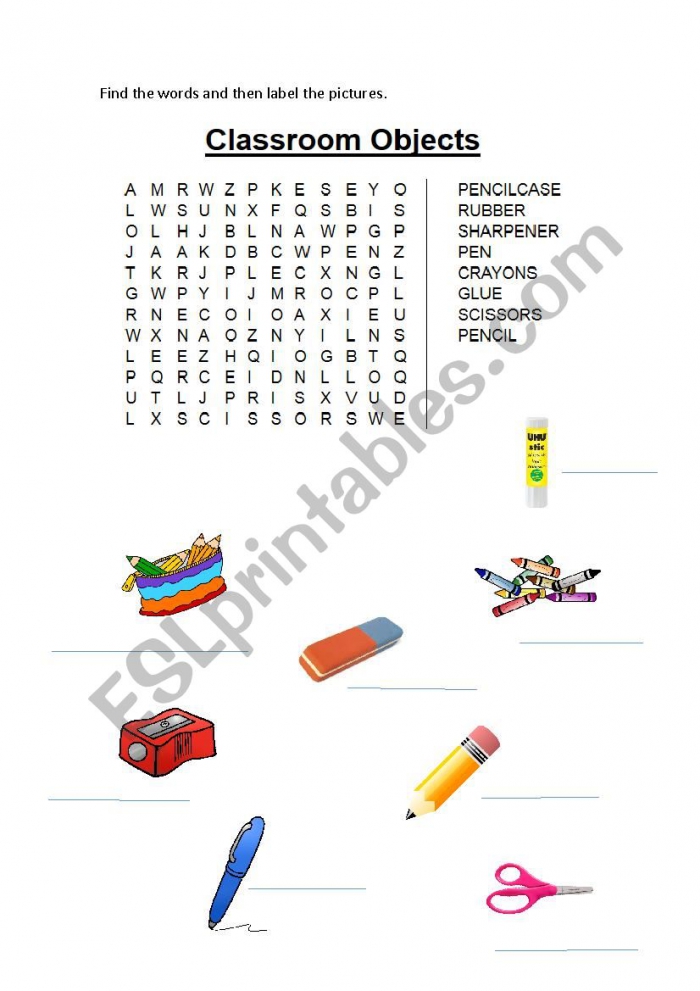 Classroom Objects Word Search