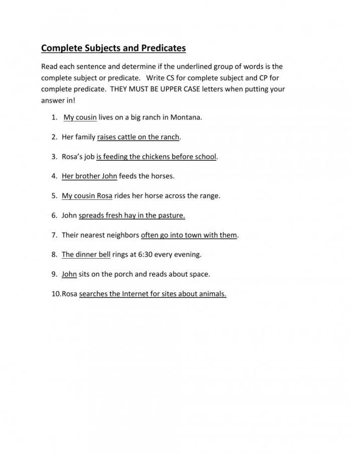 Complete Subjects And Predicates Worksheet