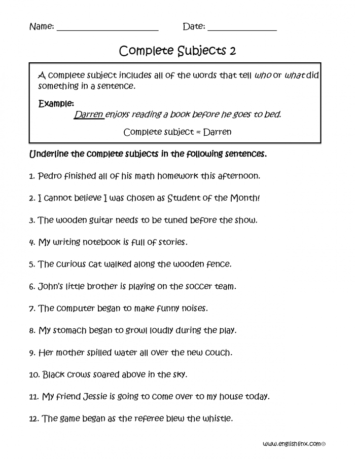 Complete Subjects Worksheets Part
