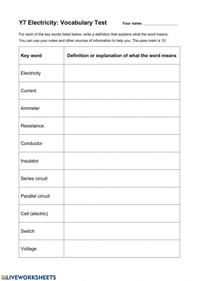 Electricity Vocabulary Worksheet