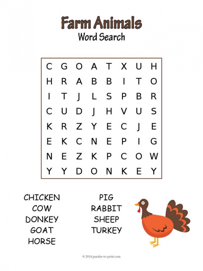 Animal Word Search: On The Farm Worksheets | 99Worksheets