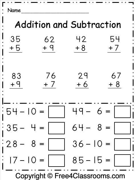 Free Addition And Subtraction Math Worksheet