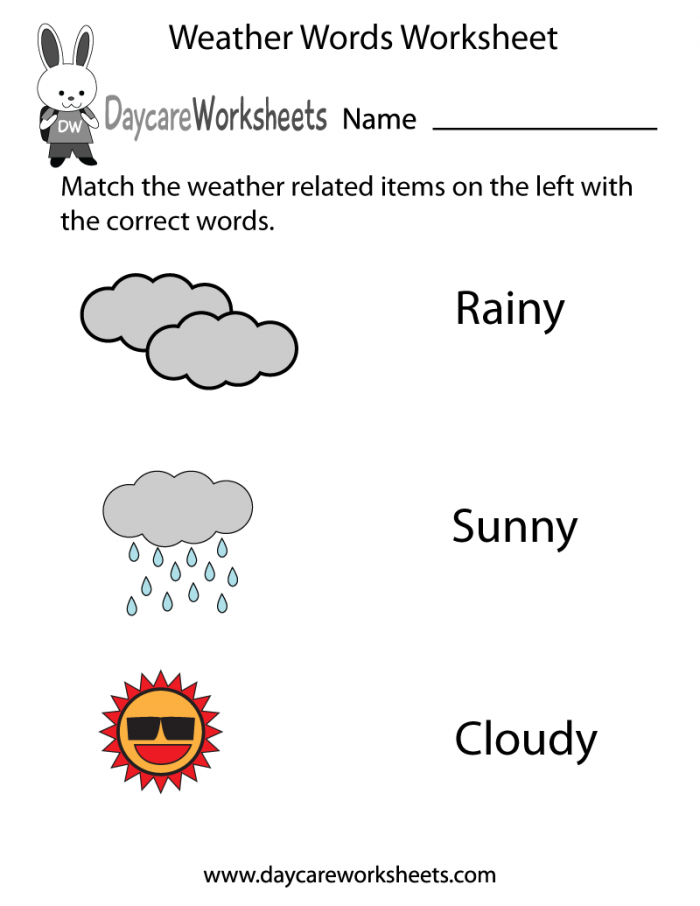 Free Preschool Weather Words Worksheet