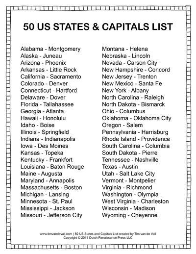 Free States And Capitals List