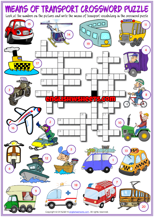 Means Of Transport Esl Crossword Puzzle Worksheet For Kids