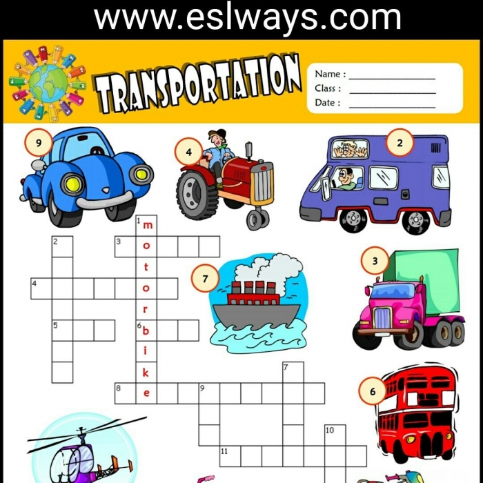 Means Of Transportation Esl Printable Crossword Puzzle For Kids