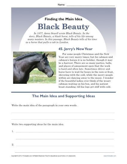 Middle School Main Idea Worksheet About Black Beauty