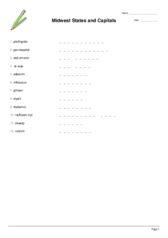 Midwest States And Capitals Word Scramble Worksheet