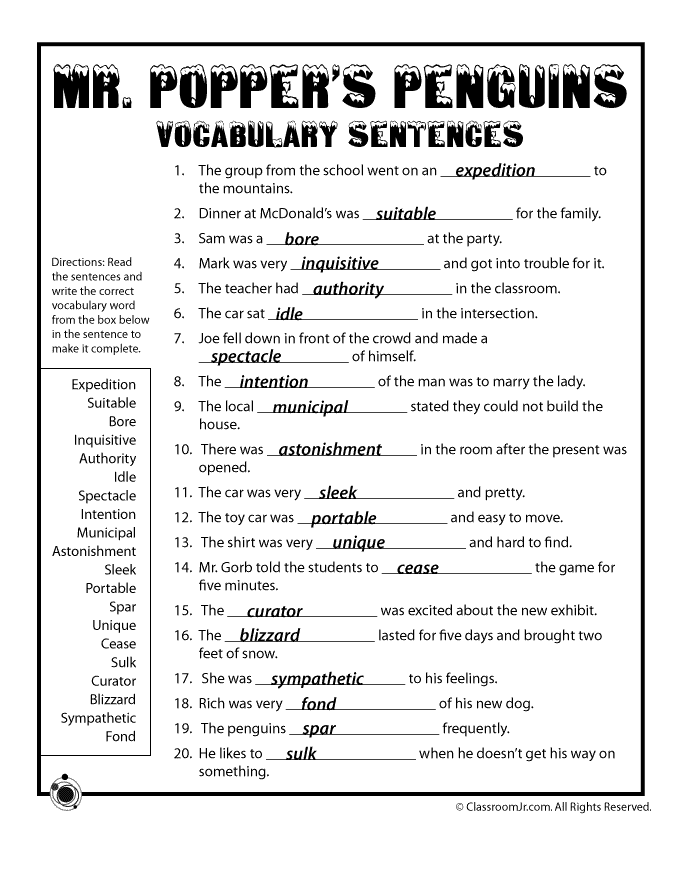 Mr Poppers Penguins Vocabulary Worksheet Answer Key