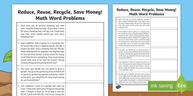 Reduce  Reuse  Recycle  Save Money Math Word Problems Activity