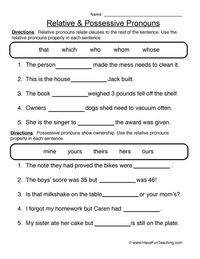 Relative Pronouns Worksheet For Class 4