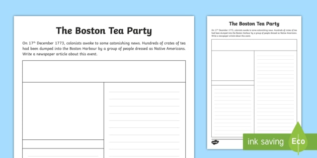 The Boston Tea Party Newspaper Report Writing Worksheet