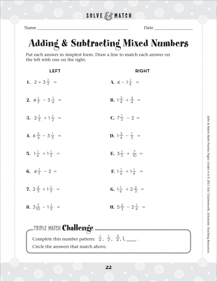 Grade 5 Math Worksheet Fractions Subtract Mixed Numbers Unlike Denominators K5 Learning Grade 