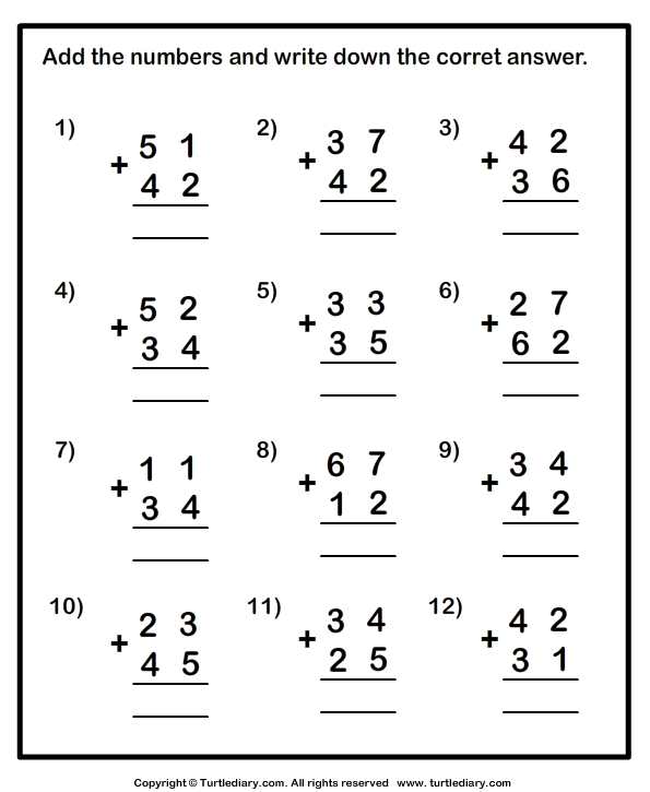 Adding Two Numbers Up To Two Digits Worksheet