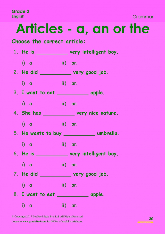Articles Worksheets
