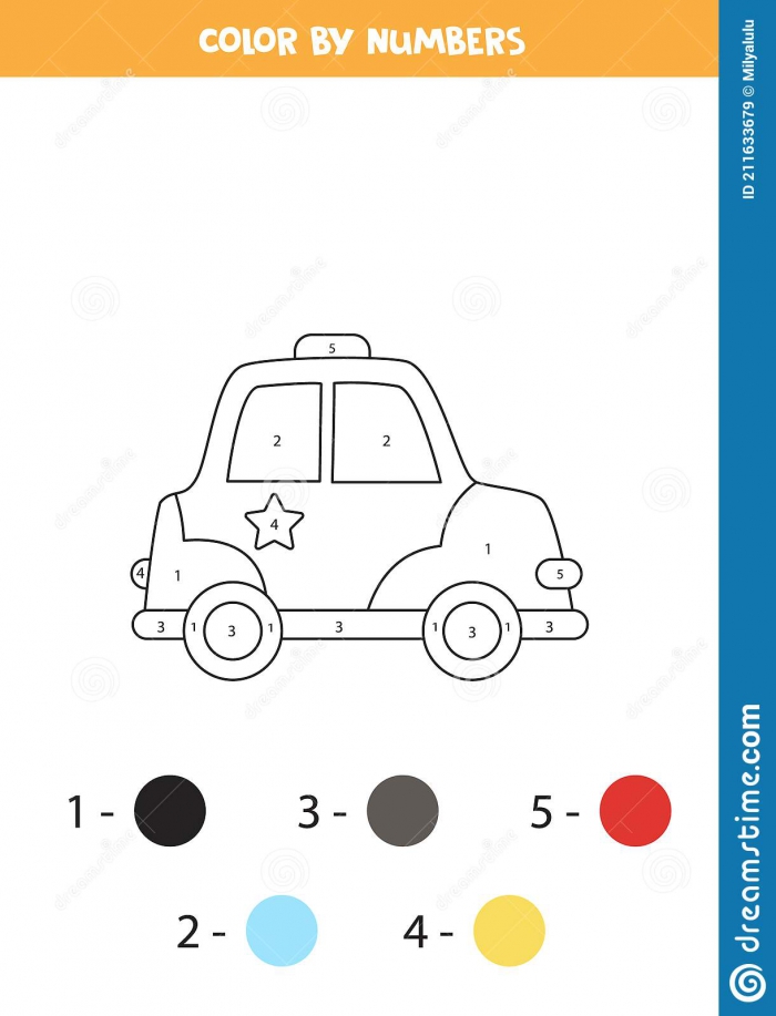 Color Cartoon Police Car By Numbers Transportation Worksheet