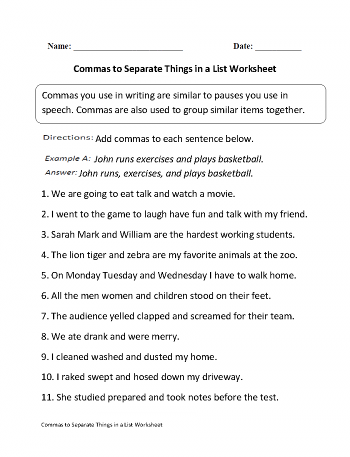 Commas Worksheets