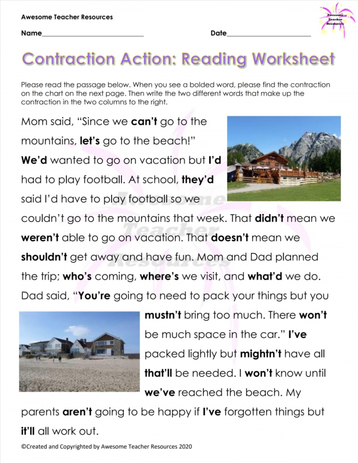 Contraction Action Reading Worksheet