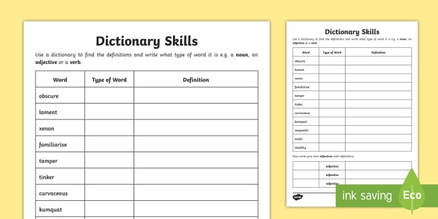 Dictionary Skills Word Table Worksheet Teacher Made