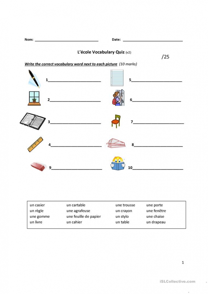 Ecole Vocabulary Quiz