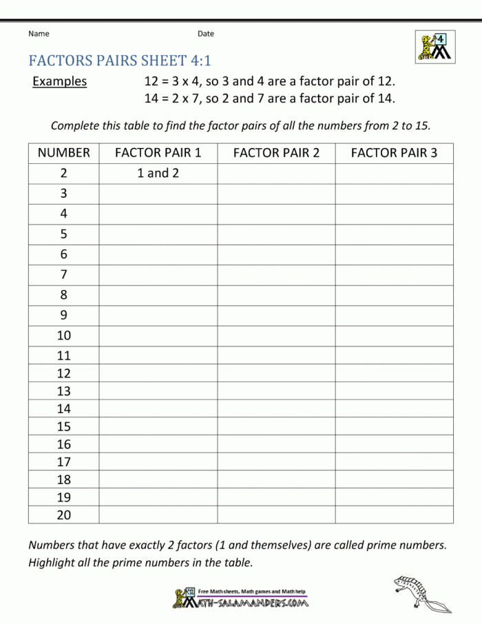 Worksheets On Factors And Multiples For Grade 4