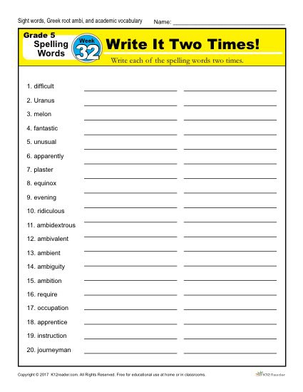 Fifth Grade Spelling Words List