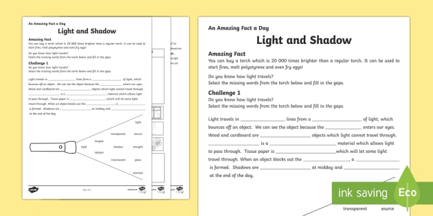 Ks Light And Shadows Worksheet Teacher Made