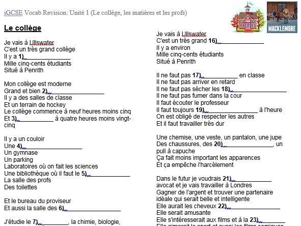 Le College  Lcole Thrift Shop Parody Song Gap Fill Worksheet