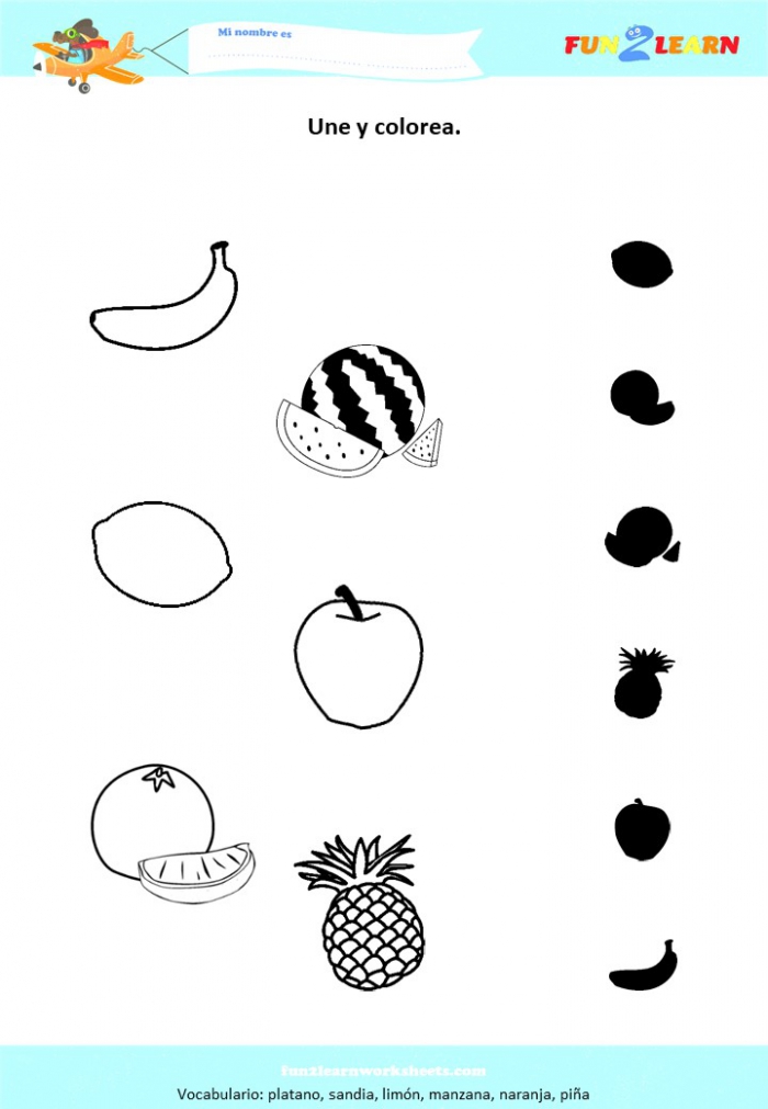 Match And Colour Worksheet Apple  Orange  Banana  Pineapple