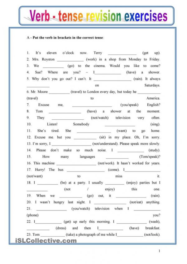Verb Tenses Worksheets For 5th Grade