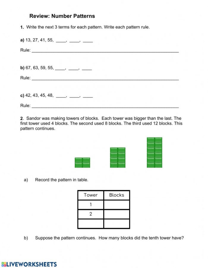 Number Patterns Quiz Worksheet