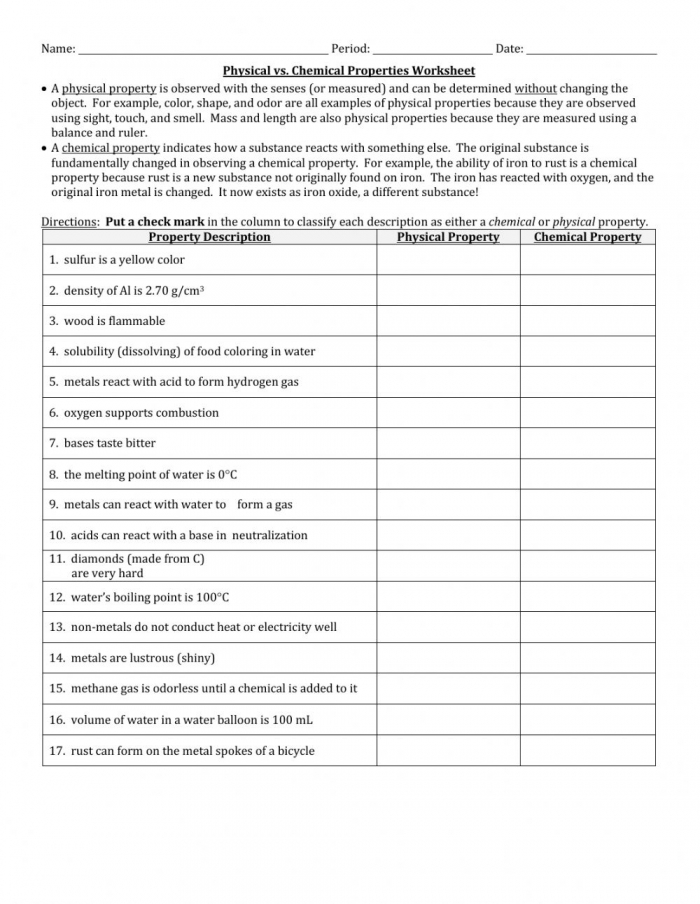 Physical Vs Chemical Properties Worksheet