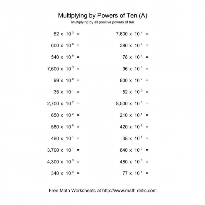 Multiply Numbers By Powers Of 10 Worksheet